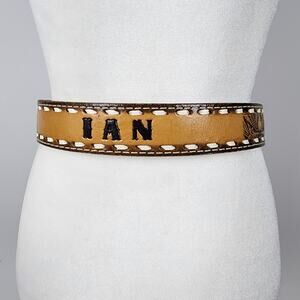 Hand Tooled "Ian" Name Leather Belt Sz 30-32" Eagle Embellished White Stitch Vtg